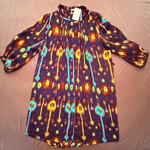 Aqua Purple and Yellow Long Sleeve Shirt Dress w/ Tie Waist Small - Picture 4 of 10